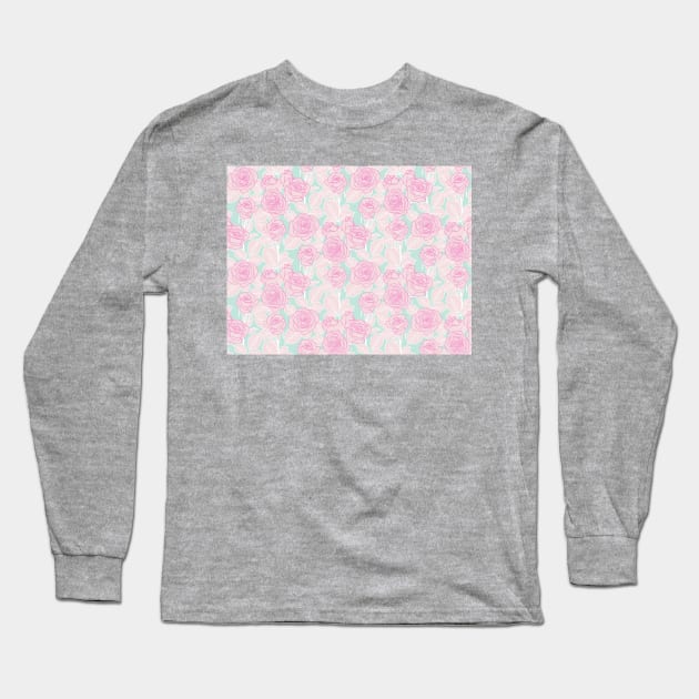 Pink and Mint Romantic Roses Long Sleeve T-Shirt by Carolina Díaz